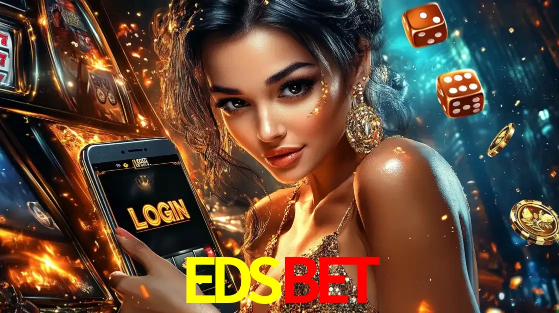 Mulher glamourosa segurando um celular com a tela de login do cassino EDSBET, rodeada por dados e moedas douradas, pronta para começar a diversão.