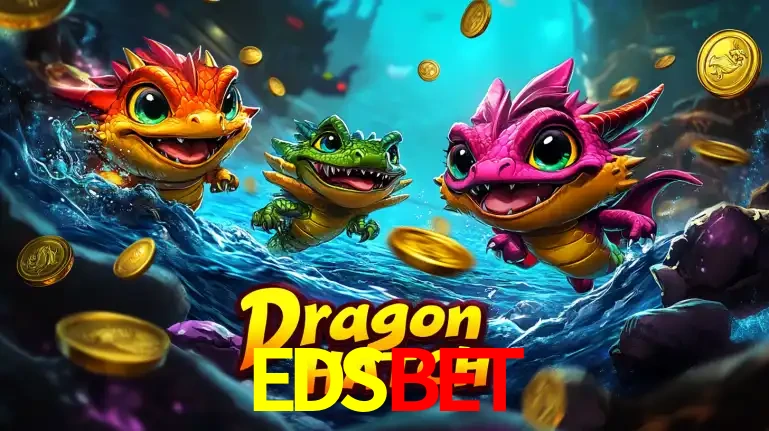 Arte promocional do jogo Dragon Hatch com três adoráveis dragões bebês nadando entre moedas de ouro, um dos slots mais divertidos para jogar no cassino EDSBET.