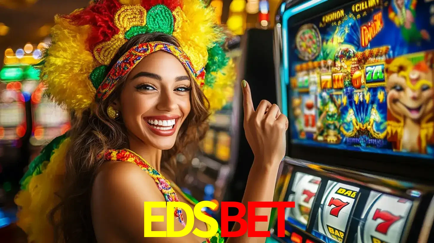Mulher animada com um cocar de carnaval apontando para uma máquina de caça-níqueis, mostrando a emoção de ganhar um grande prêmio nos jogos do EDSBET.