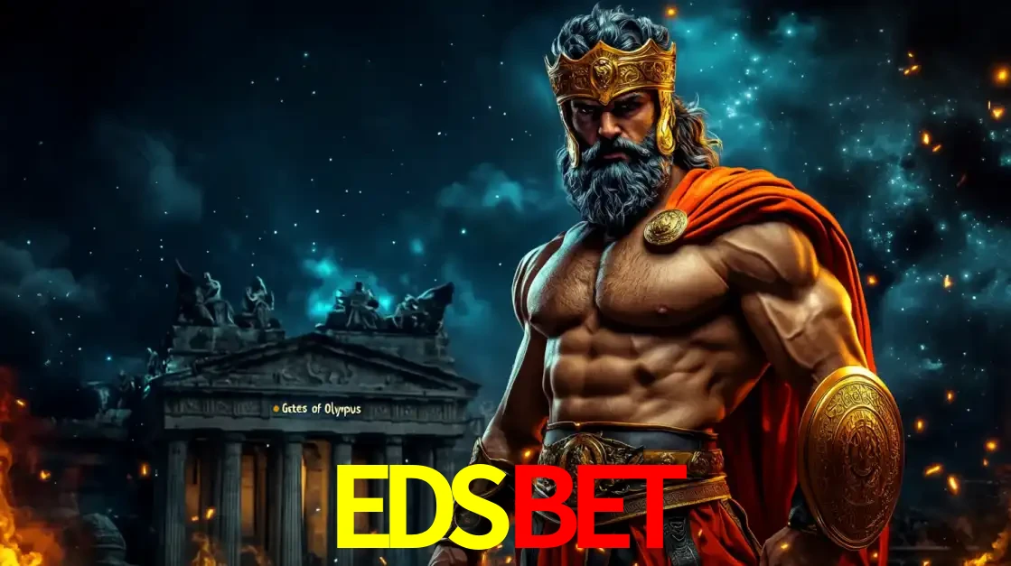 O poderoso Zeus do jogo de slot Gates of Olympus em frente ao seu templo, pronto para lançar multiplicadores divinos e prêmios épicos no cassino online EDSBET.