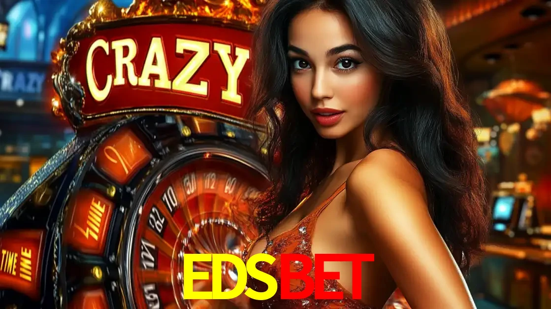 Mulher glamourosa olhando para a câmera com a roda vermelha do Crazy Time ao fundo em um ambiente de cassino, destacando a emoção dos jogos ao vivo no EDSBET.