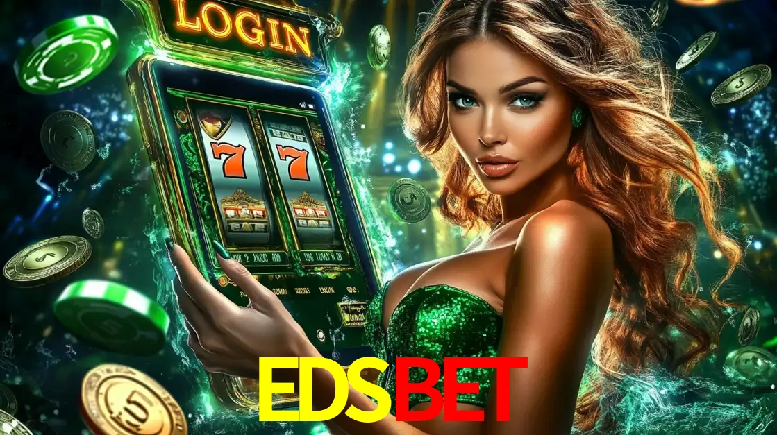 Mulher com tema verde apresentando o aplicativo do cassino EDSBET com um jogo de slot de 777, cercada por fichas de cassino e uma aura de sorte.