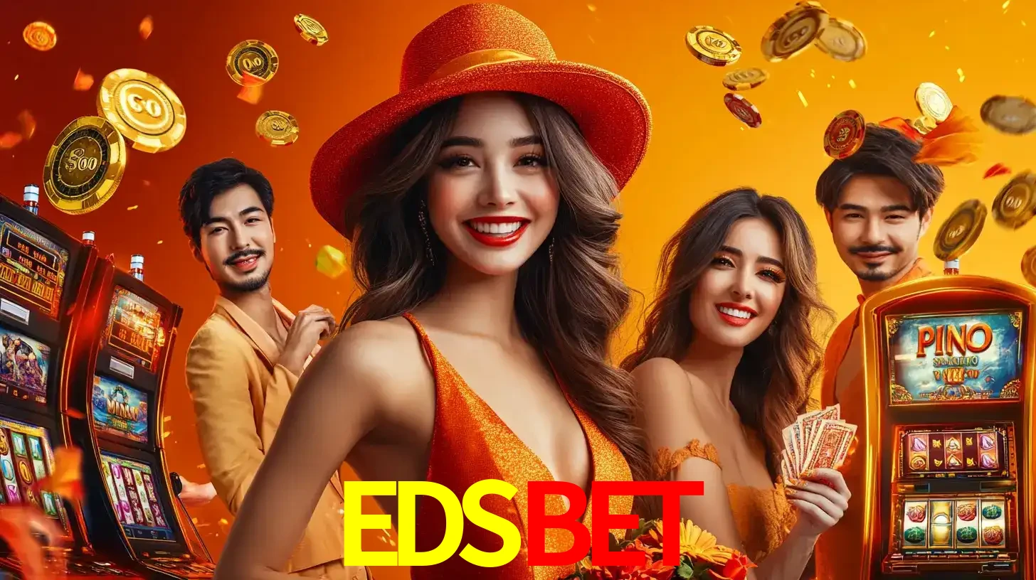 Grupo de amigos asiáticos sorrindo e se divertindo com máquinas de caça-níqueis em um ambiente festivo, celebrando suas vitórias nos jogos de cassino do EDSBET.