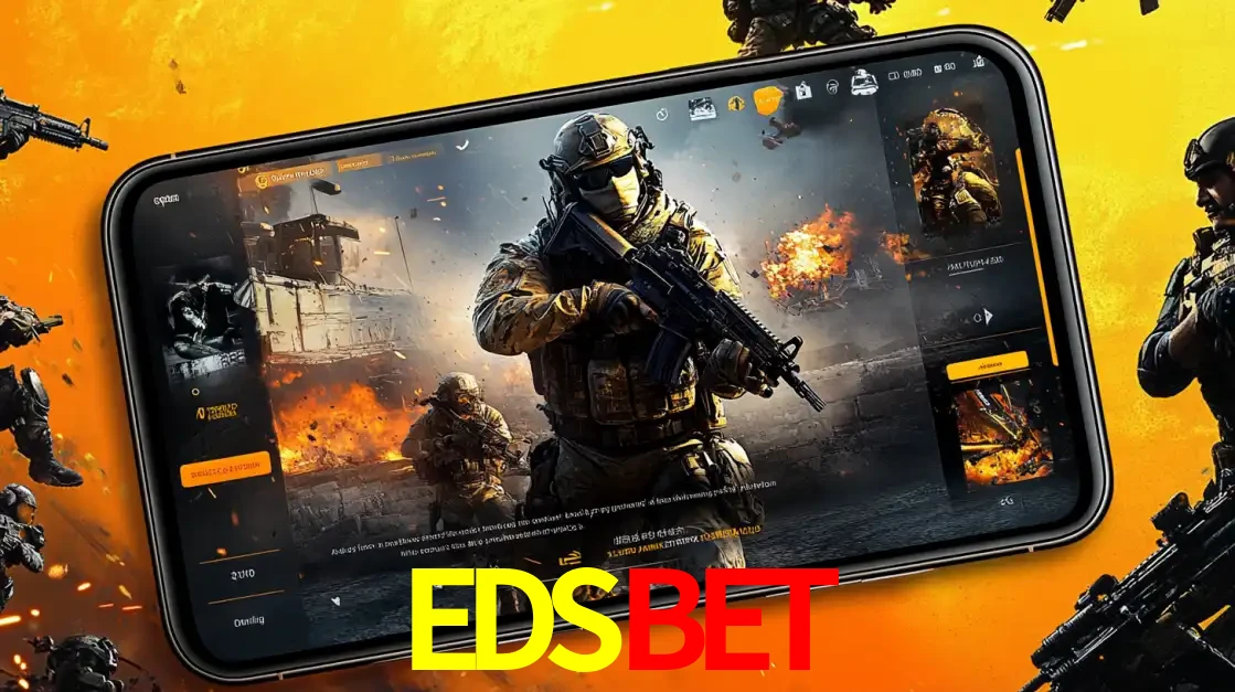 Um smartphone exibindo a interface de um jogo de tiro em primeira pessoa, com um soldado em um cenário de batalha, representando a ação dos e-sports para apostar no EDSBET.