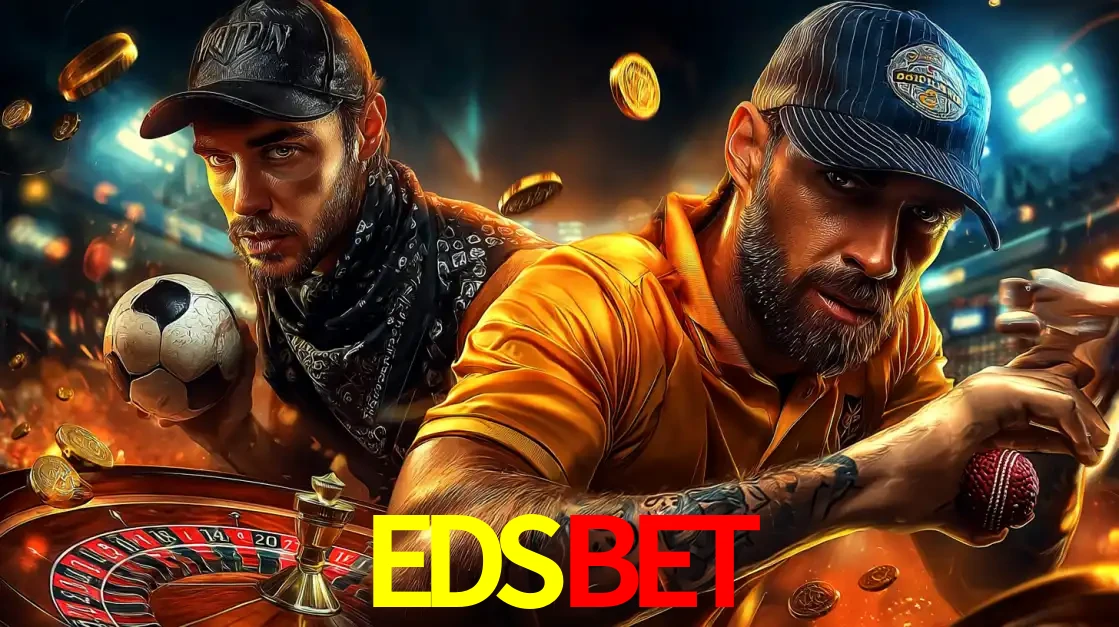 Montagem de apostas esportivas e cassino no EDSBET, com um homem segurando uma bola de futebol e outro uma de beisebol sobre uma roleta e moedas voadoras.