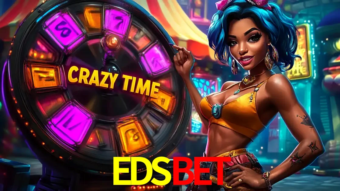 Mulher estilizada com cabelo azul e visual vibrante posando ao lado da roda de prêmios do game show Crazy Time, convidando para a diversão e os bônus do cassino EDSBET.