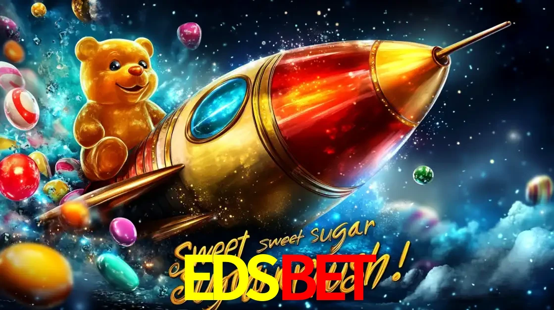 Arte promocional do jogo de slot Sugar Rush, com um urso de pelúcia em um foguete viajando pelo espaço de doces, um dos jogos divertidos disponíveis no cassino EDSBET.