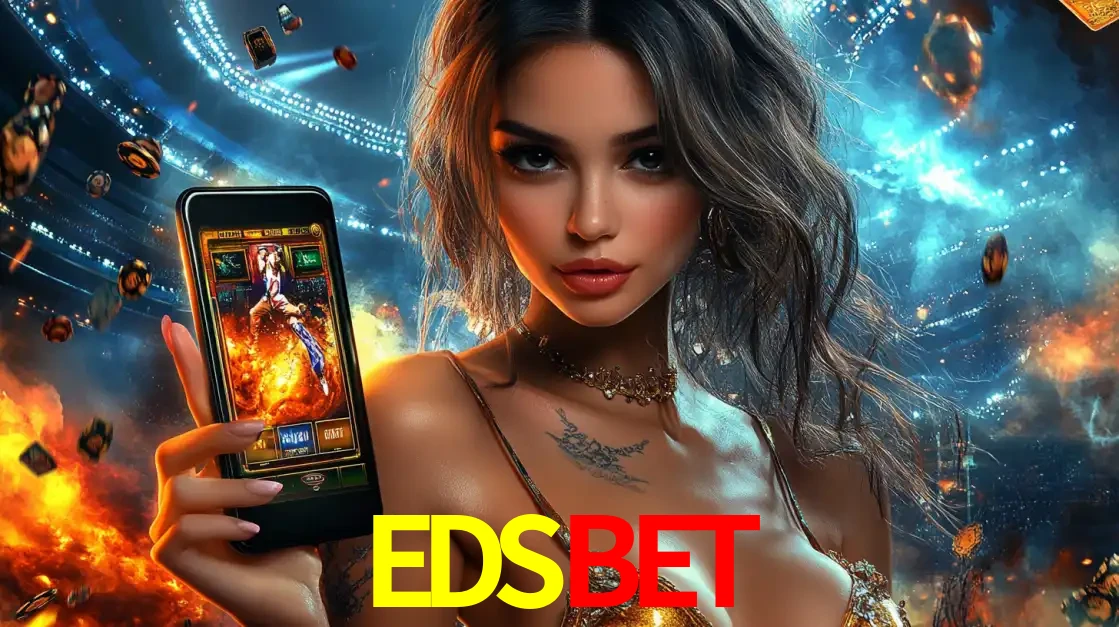 Mulher segurando um celular com um jogo de slot em destaque, tendo como fundo um estádio vibrante, simbolizando a emoção de jogar no cassino móvel EDSBET.