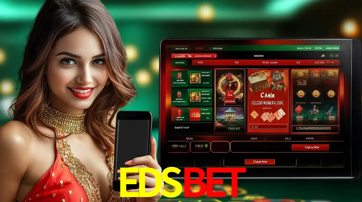 Mulher sorridente segurando um smartphone, ao lado de uma tela exibindo o lobby de jogos do cassino online EDSBET, com várias opções de jogos de cartas e slots.